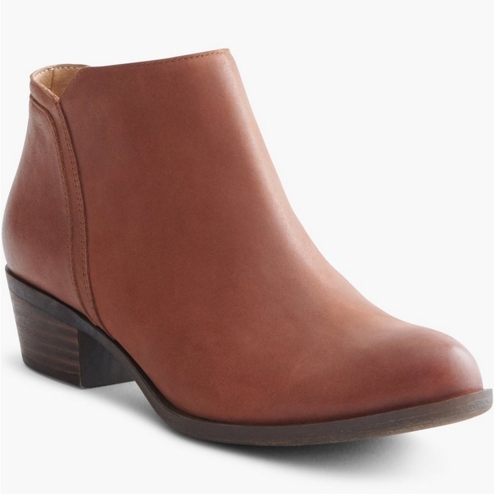 Lucky Brand Bareesa Leather Bootie Brown Tan Side Zipper Block Heel Size 7.5